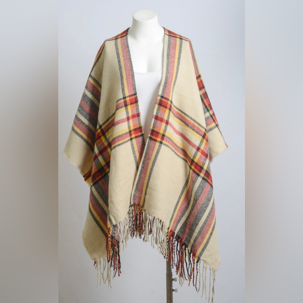 Plaid Multicolor Fringe Poncho - Picture 5 of 6